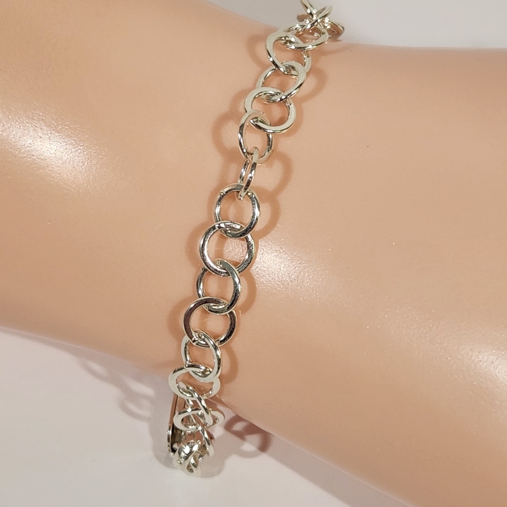 Genuine Sterling Silver (7mm) Flat Round Link Chain Bracelet